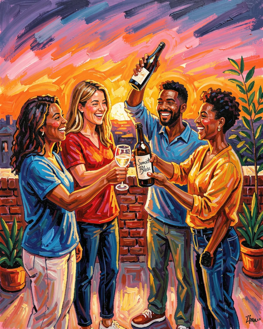 Friends toasting glasses together at a rooftop gathering as the sun sets behind them.