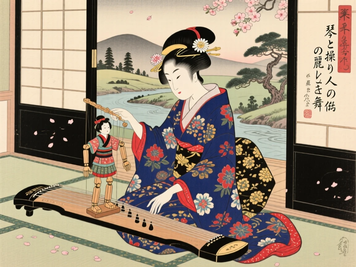 A noblewoman with a koto manipulating an elaborate wooden marionette.