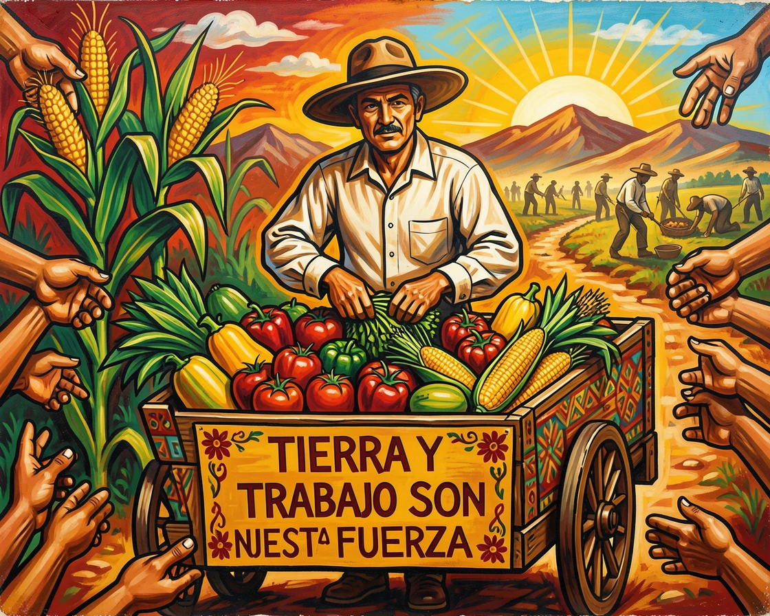 A farmer loading fresh vegetables onto a wooden cart