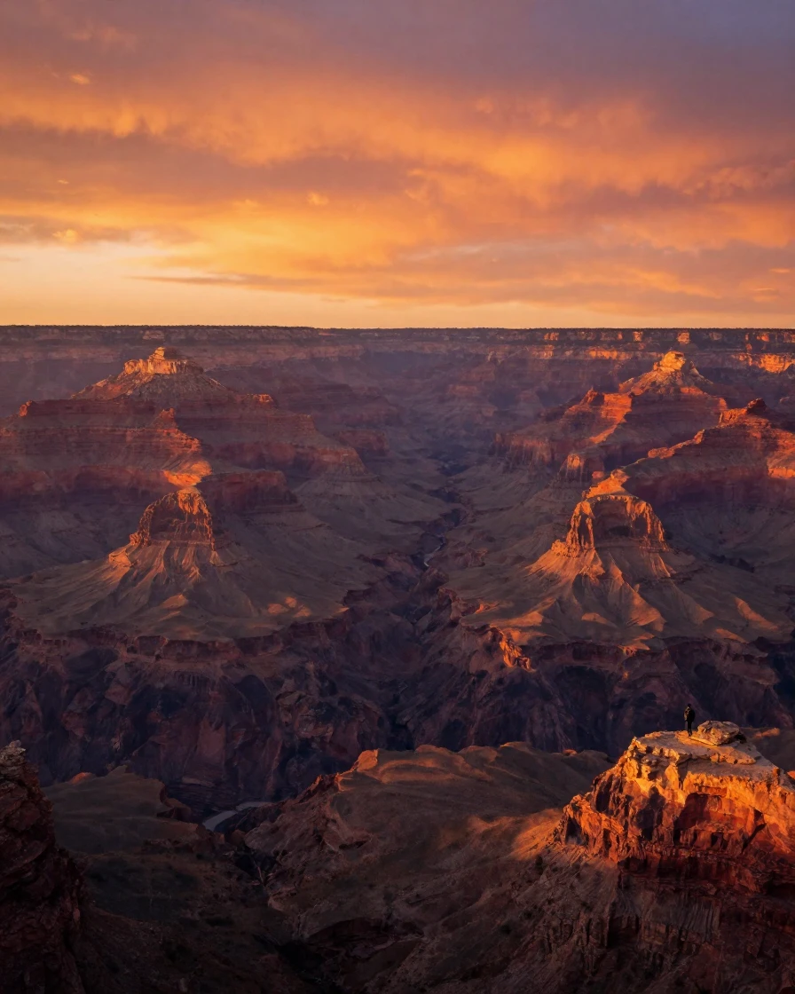 The Grand Canyon stretching endlessly under a fiery orange sunset sky
