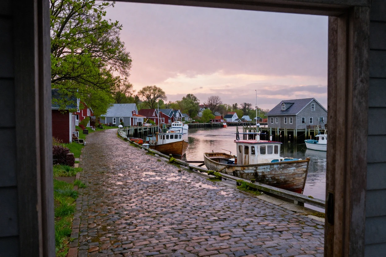 A quiet harbor town waking up in the first light of dawn, at dusk, just after a rain shower, with puddles reflecting the sky, in early spring, with deep emerald greens and browns, framed through an open doorway.
