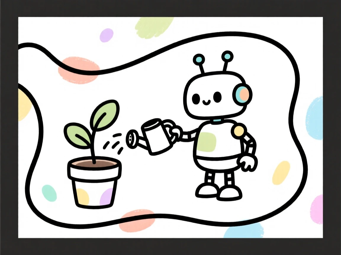 A tiny cartoon robot watering a small potted plant.