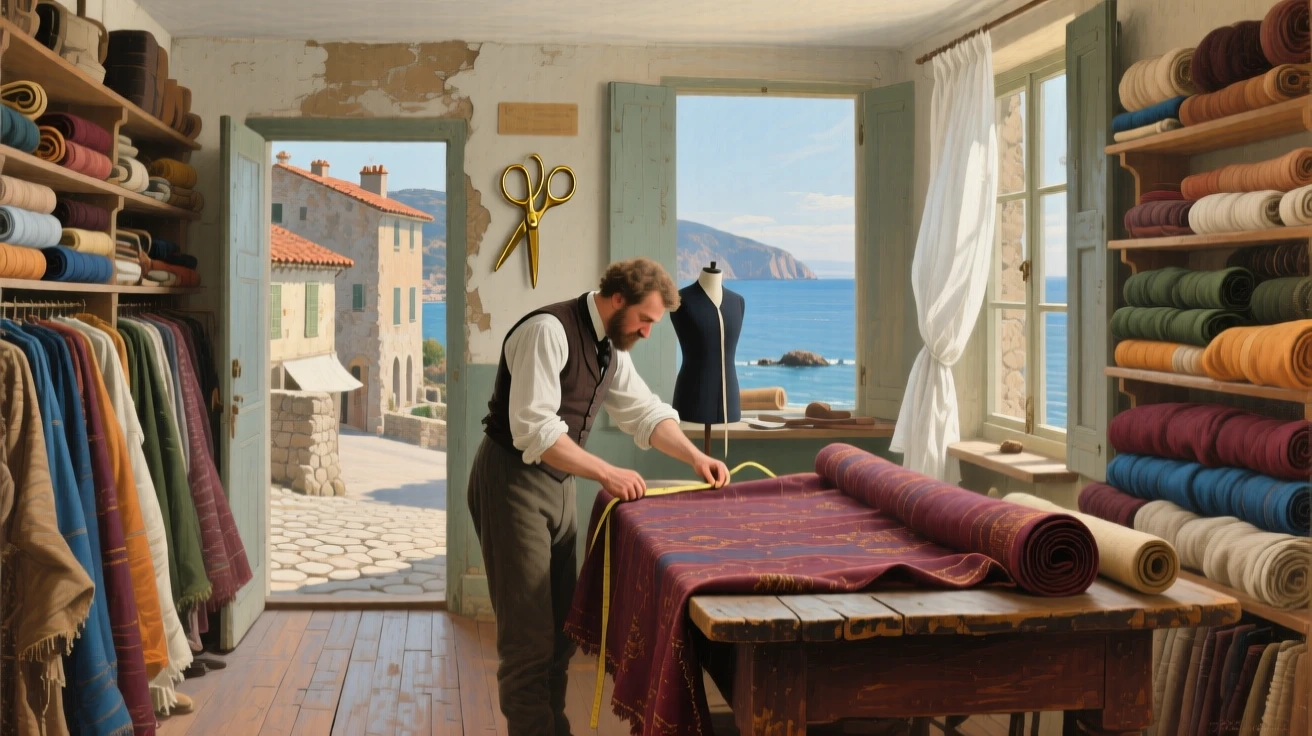 A grand panoramic scene of a tailor measuring fabric in a narrow shop filled with bolts of cloth, on the coast of Provence, in the early 19th century.