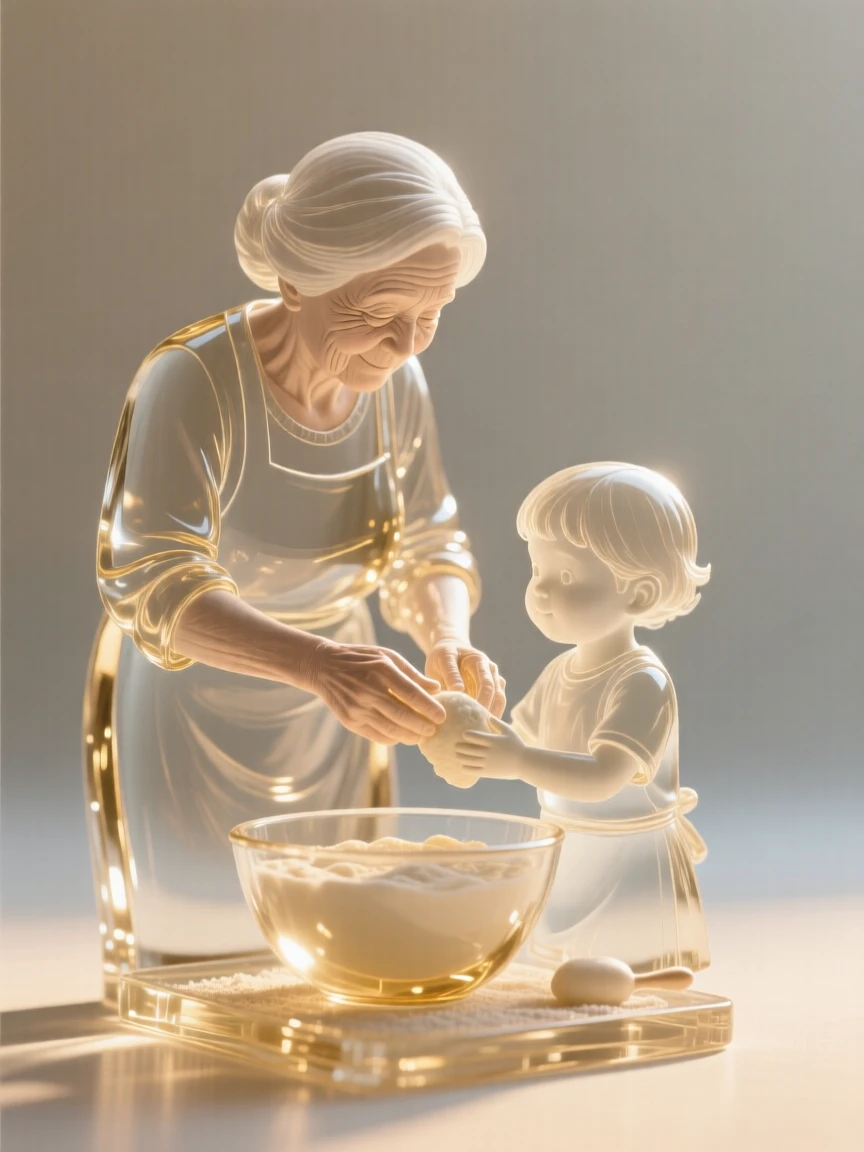 A grandmother teaching a child to bake captured in a candid, unposed moment, golden hour light wrapping around the figure, feeling authentic and moving.