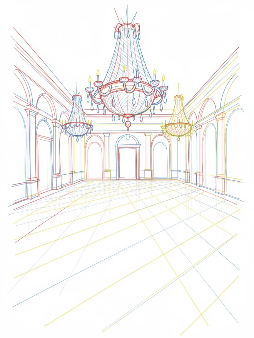 A grand palace ballroom with crystal chandeliers and marble floors