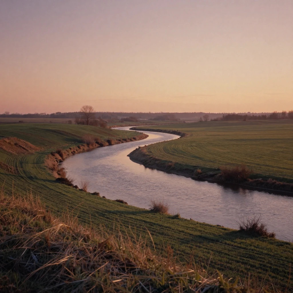 A winding river cutting gently through green farmland, under a glowing sunset sky, in crisp, dry air, in the depths of winter, in earthy terracotta and ochre shades, at eye level, intimate and direct.