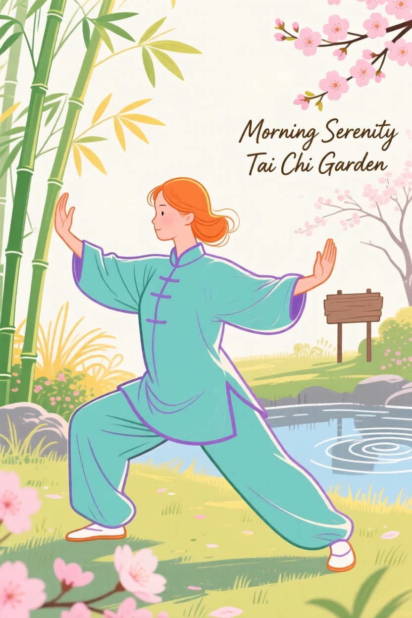 A woman practicing tai chi in a peaceful morning garden.