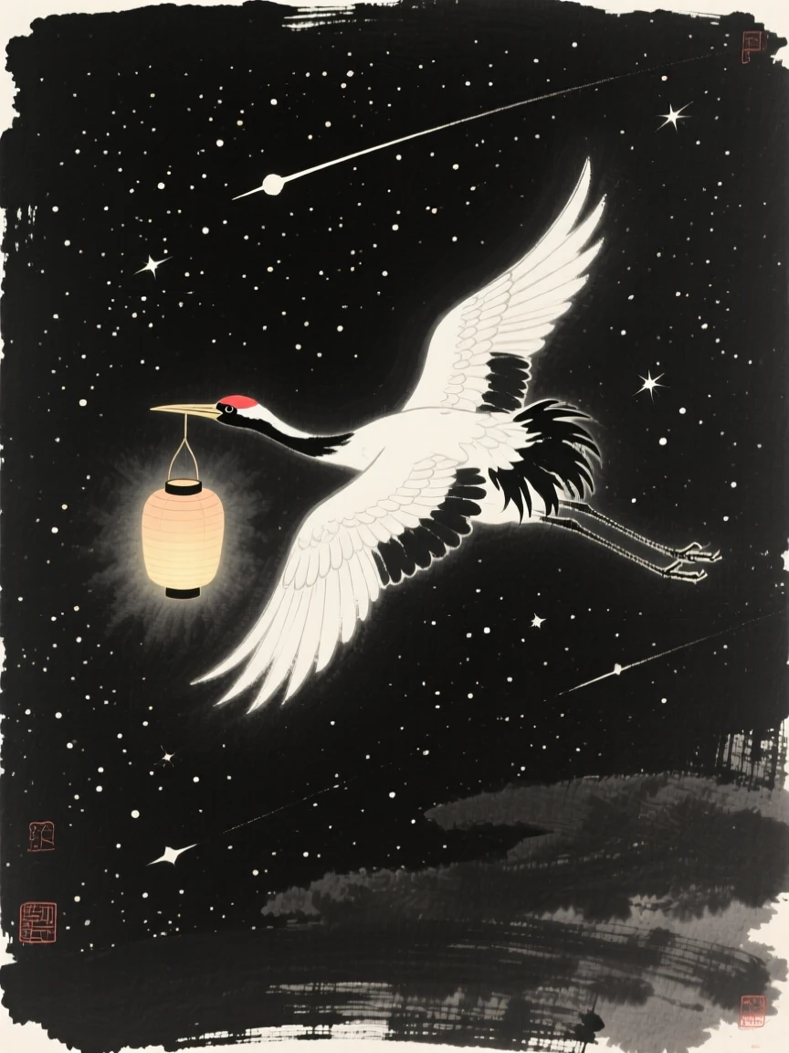 A celestial crane carrying a lantern through the night sky over a vast, star-filled night sky, framed to emphasize scale against a vast open sky, conveying graceful power and serene majesty.
