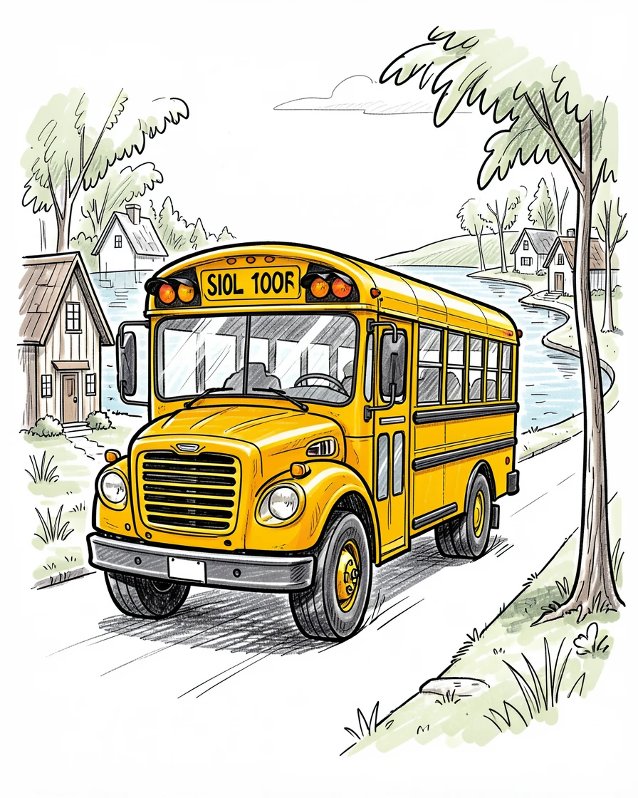 A cheerful yellow school bus touring a quiet lakeside village.