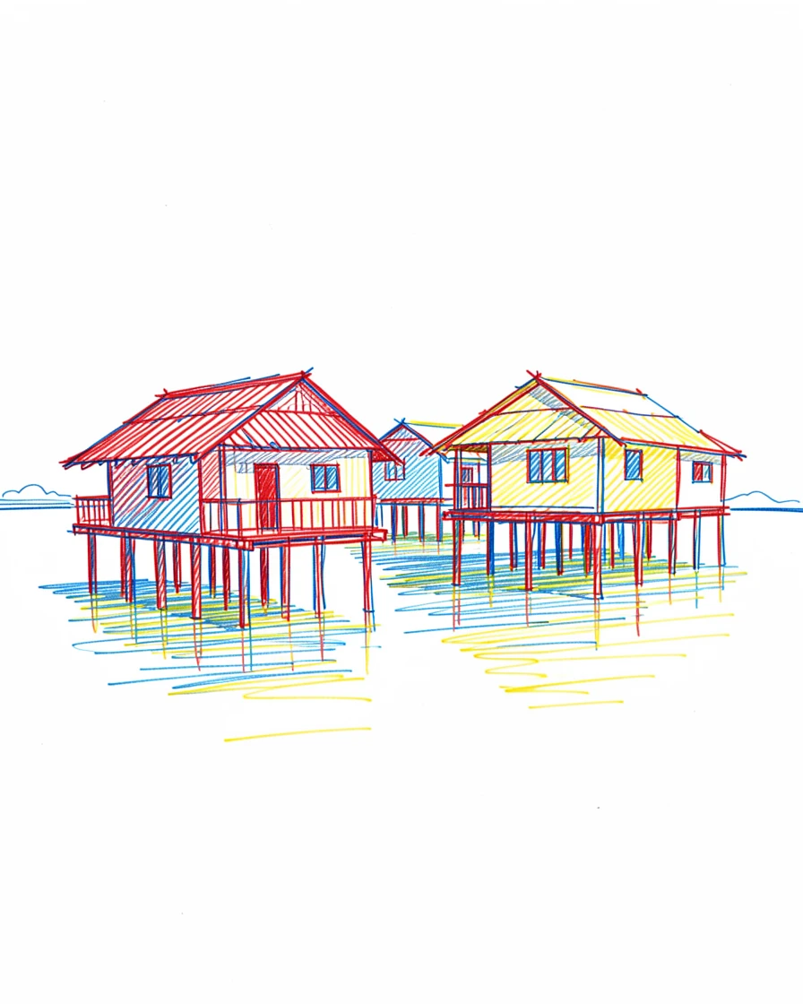 A traditional floating village built entirely on stilts over a lake