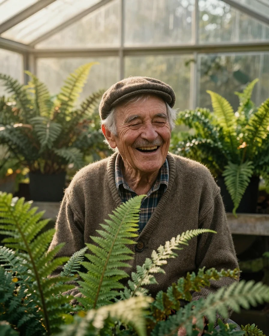 An elderly Norwegian shepherd laughing warmly with closed eyes inside a sunlit greenhouse full of ferns