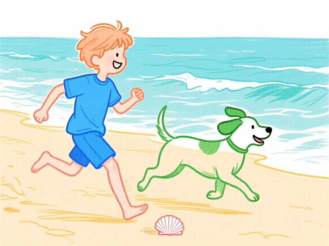 A boy and his dog running along a sandy beach.