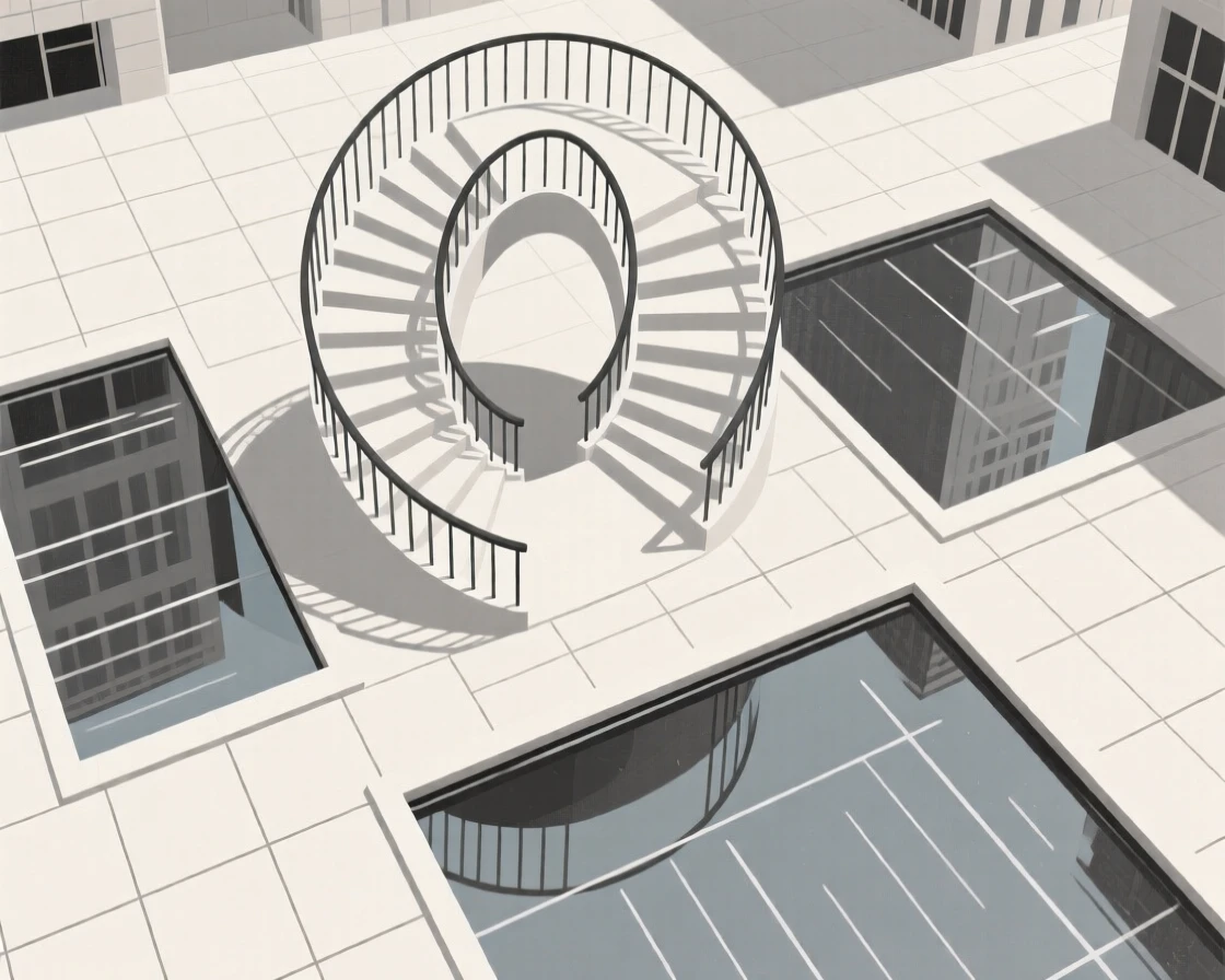 A view looking up at a spiral staircase from a bustling downtown plaza, with reflecting pools in frame, evoking quiet elegance.