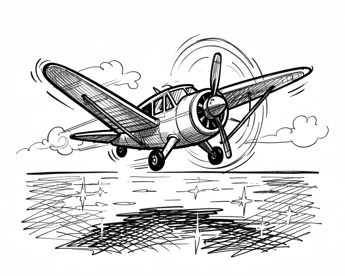 A small propeller airplane sailing across a sparkling bay.