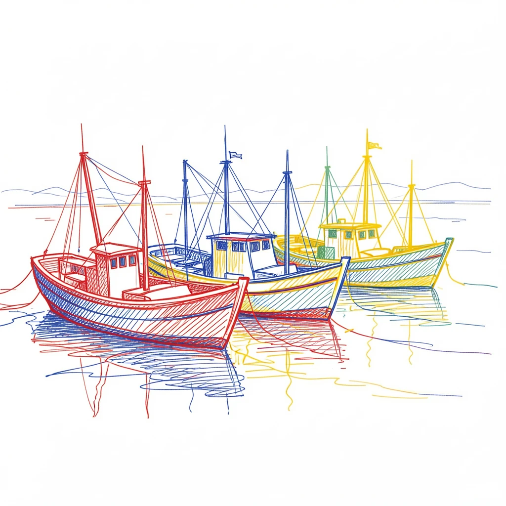 A colorful row of fishing boats bobbing gently in a harbor at dawn