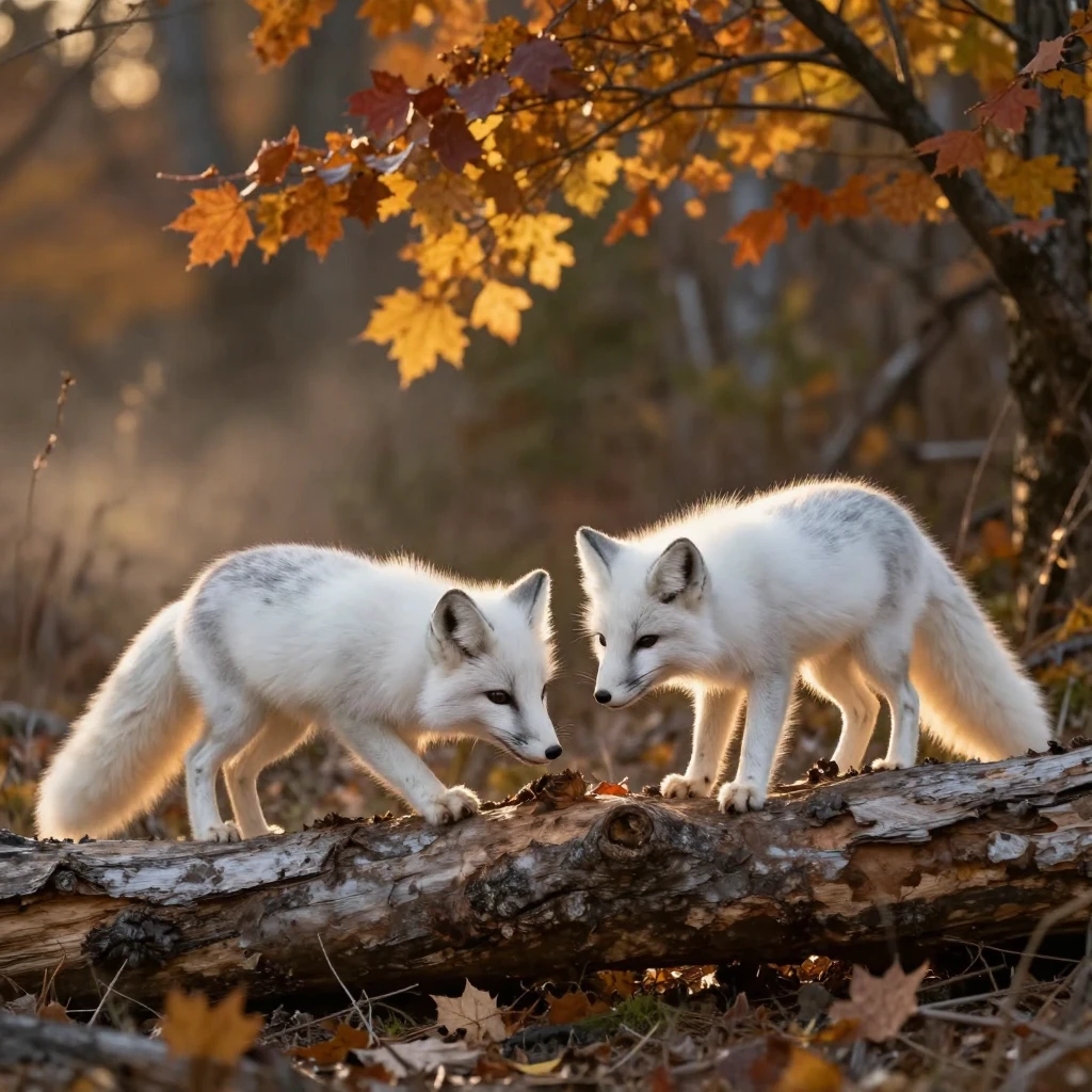 A pair of arctic foxes exploring a fallen log with curiosity beneath a canopy of autumn leaves as the day slowly fades