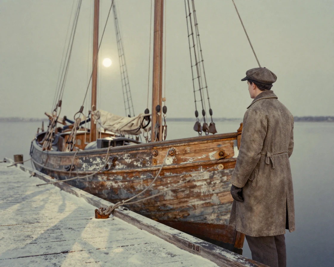 An old wooden sailboat moored at a weathered dock, under moonlight, as heat shimmers over the ground, under the first snow of winter, in soft muted pastels, over the shoulder of the main subject.