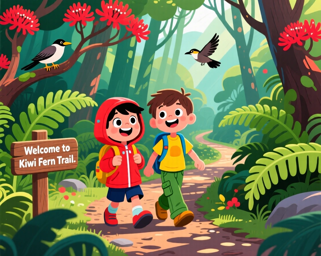 Children in New Zealand exploring a fern-covered forest trail.