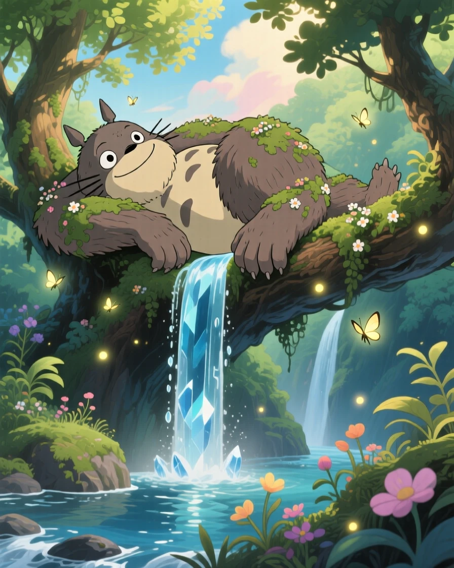 A hidden valley where waterfalls flow upward, where a gentle giant resting among the treetops can be seen nearby, the atmosphere magical and full of wonder.