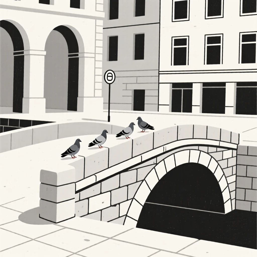 A quiet corner of an old stone bridge within a bustling downtown plaza, featuring a scattering of pigeons, full of architectural harmony.
