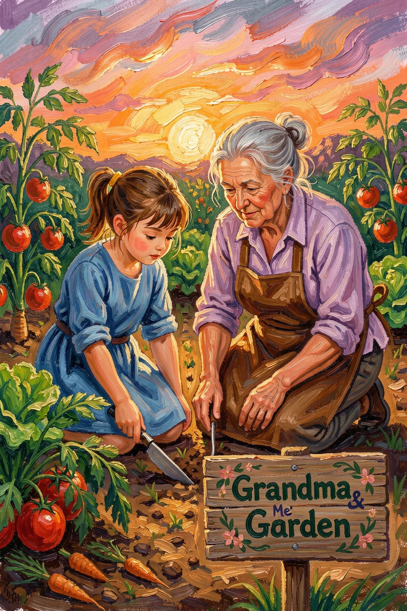A young girl and her grandmother tending a vegetable garden together at sunrise.