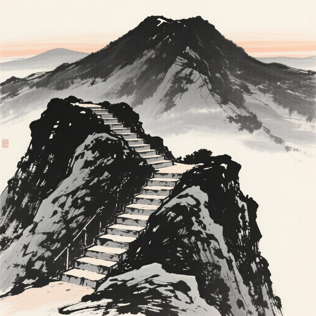 A steep staircase of rock leading up toward a distant summit in the stillness just before sunrise, viewed from a high vantage point looking down across the whole scene, evoking a deep sense of solitude and quiet grandeur.