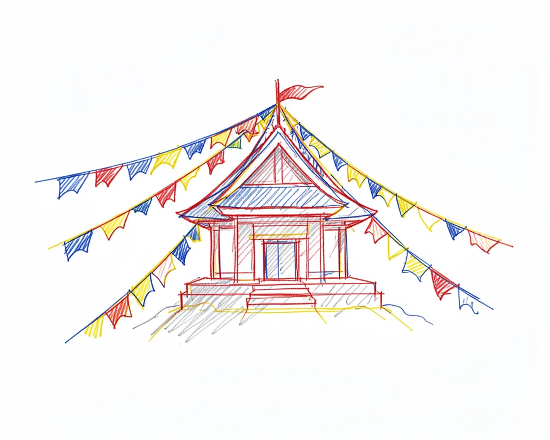 A grand mountain pass shrine wrapped in prayer flags fluttering in wind