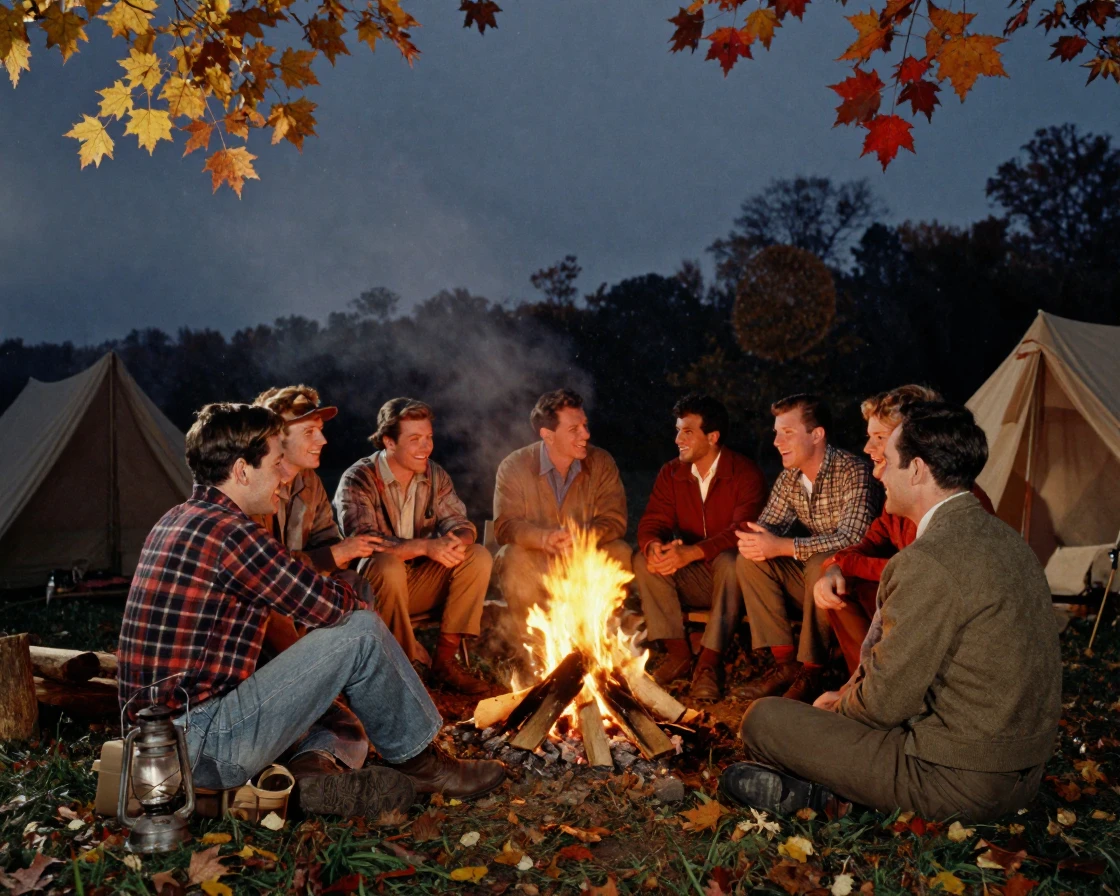 A group of campers gathered around a fire telling stories, under a canopy of stars, with a soft breeze stirring the air, as autumn leaves turn gold and red, in earthy terracotta and ochre shades, through a rain-streaked window.