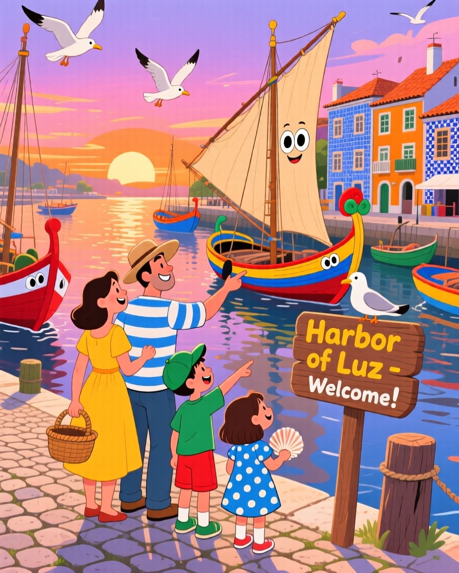 A family in Portugal watching fishing boats return at a colorful harbor.