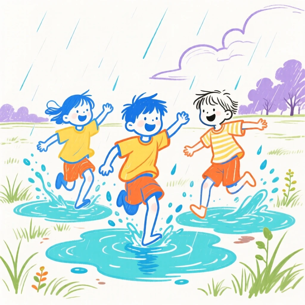 Children splashing in puddles after a summer rain.