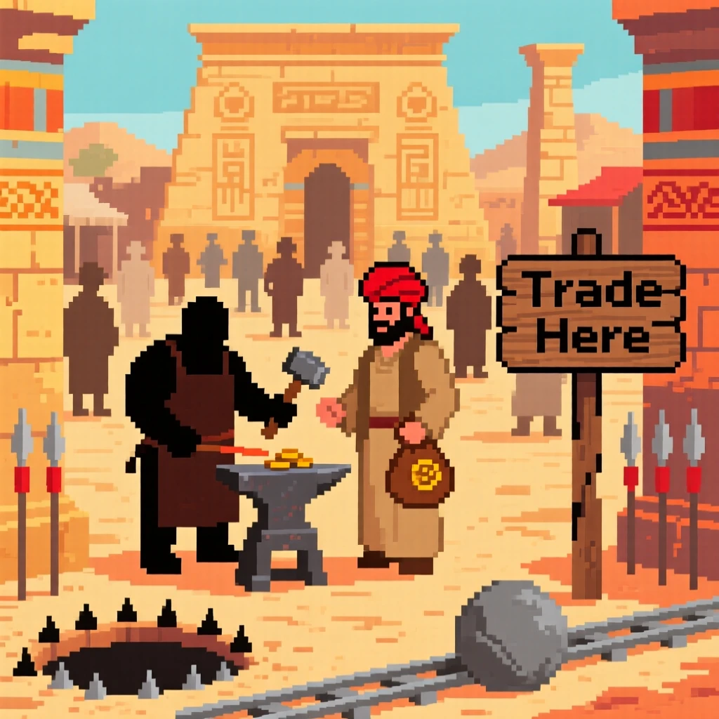 A village blacksmith trading with a merchant in a busy town square, in a desert temple filled with traps.