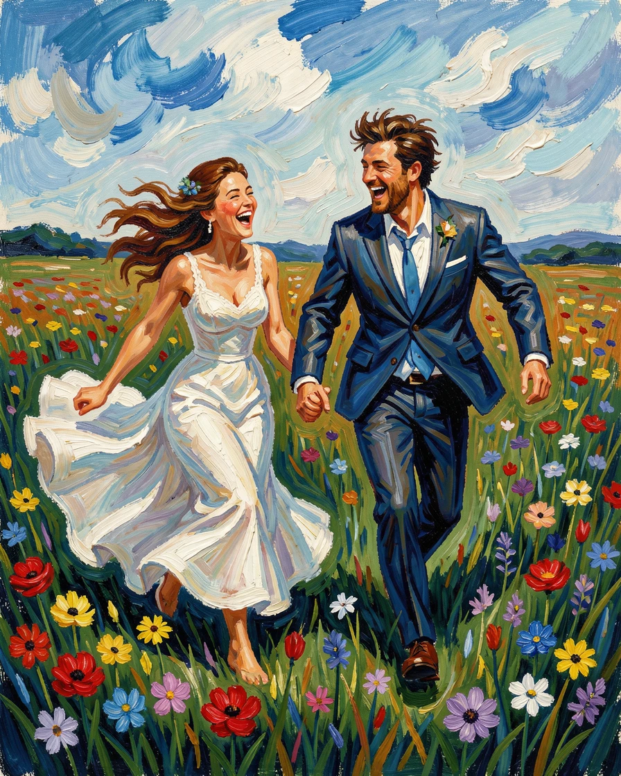Newlyweds running hand in hand through a field of wildflowers, laughing in the wind.