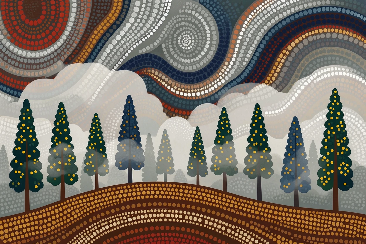A foggy pine ridge during a dramatic storm