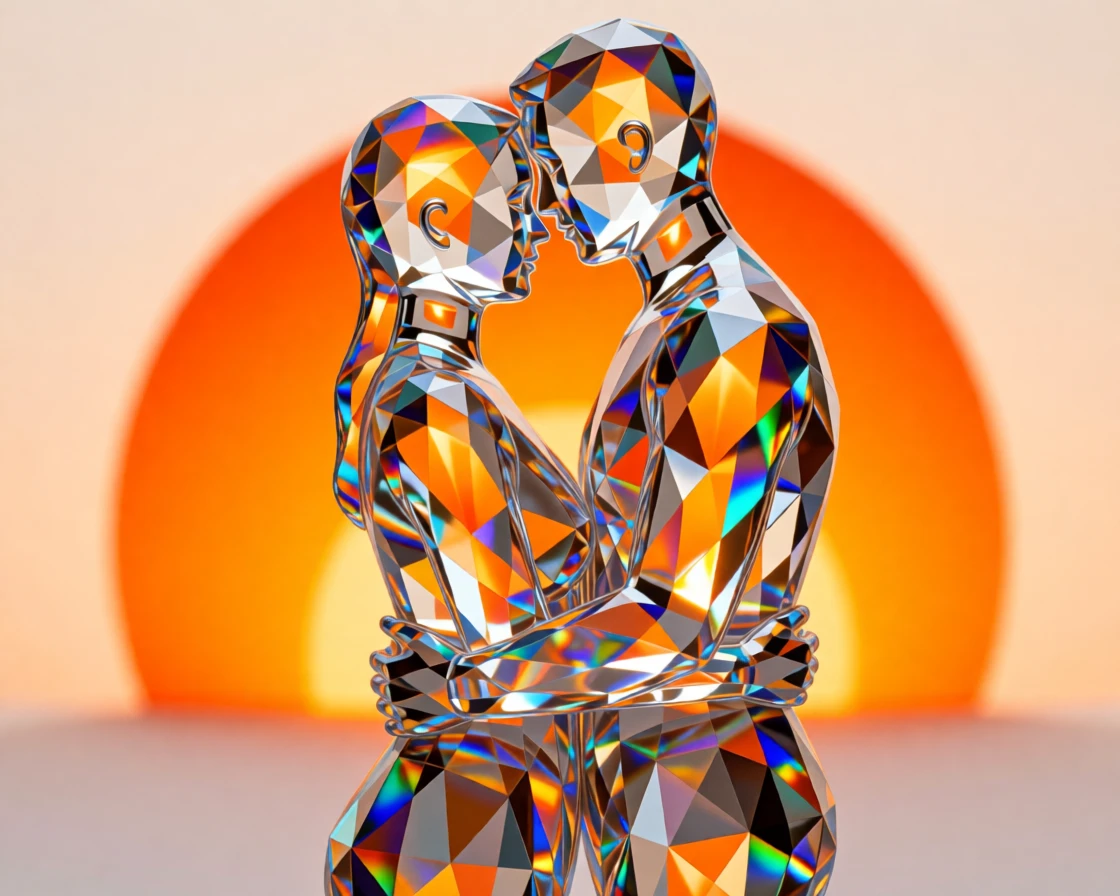 A couple's silhouette embracing against a vivid orange desert sunset.