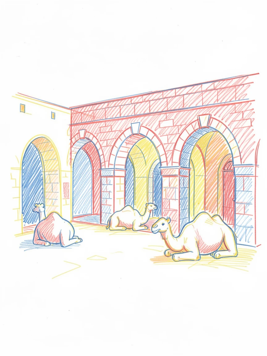 An ancient desert caravanserai with arched courtyards and camels resting