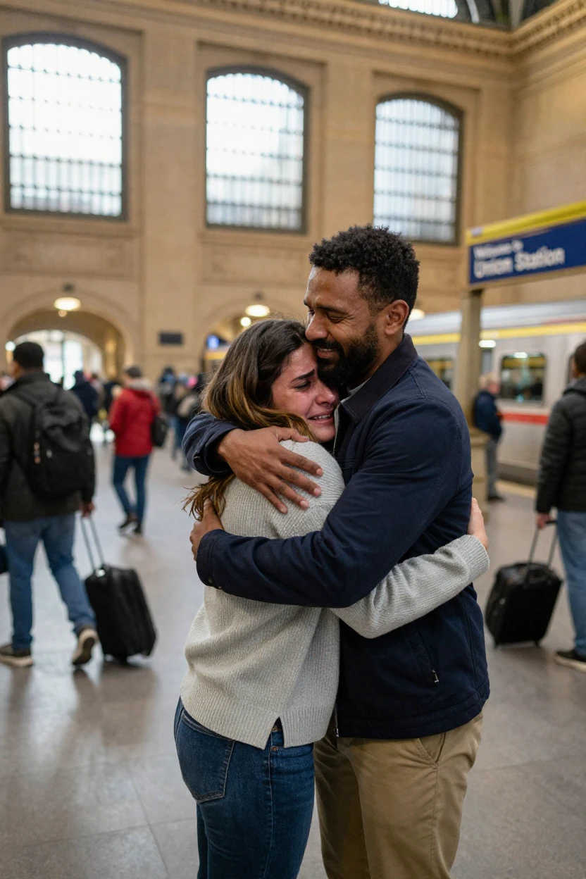 Two friends reunite after years apart with a long, tearful embrace at a train station.