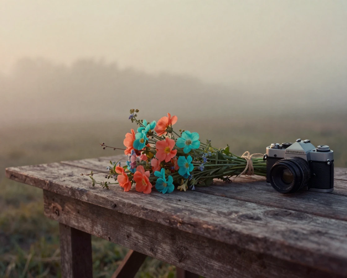 A bouquet of wildflowers tied with twine resting on a wooden table, in the last light of dusk, in thick rolling fog, in early spring, in vivid coral and turquoise hues, from a wide establishing view.