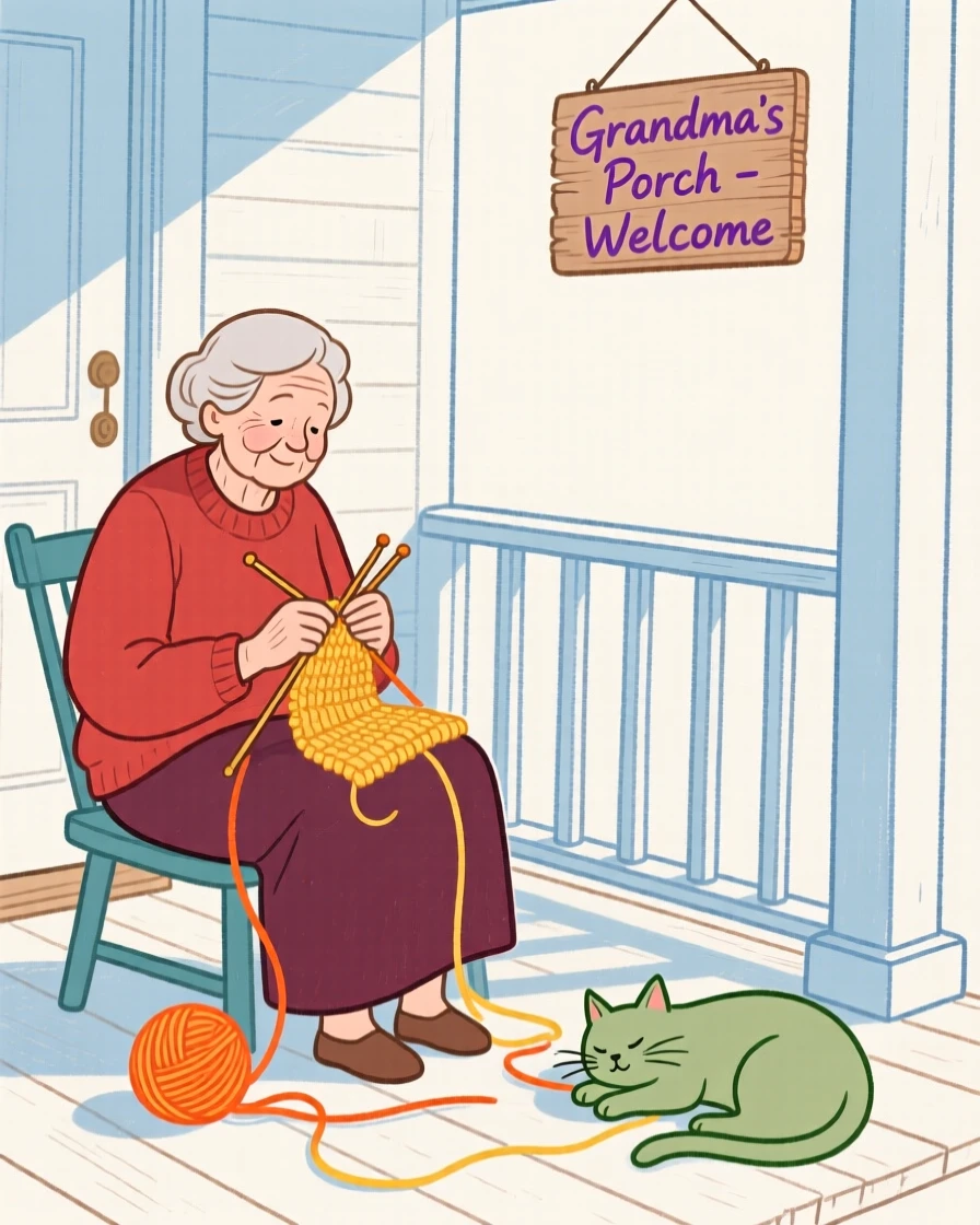 A grandmother knitting on a porch while a cat naps nearby.