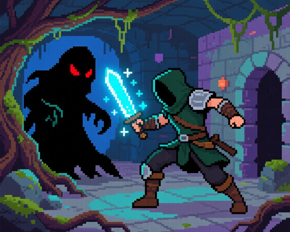 A rogue with a glowing dagger battling a shadow creature in a haunted forest, within a sprawling underground dungeon.