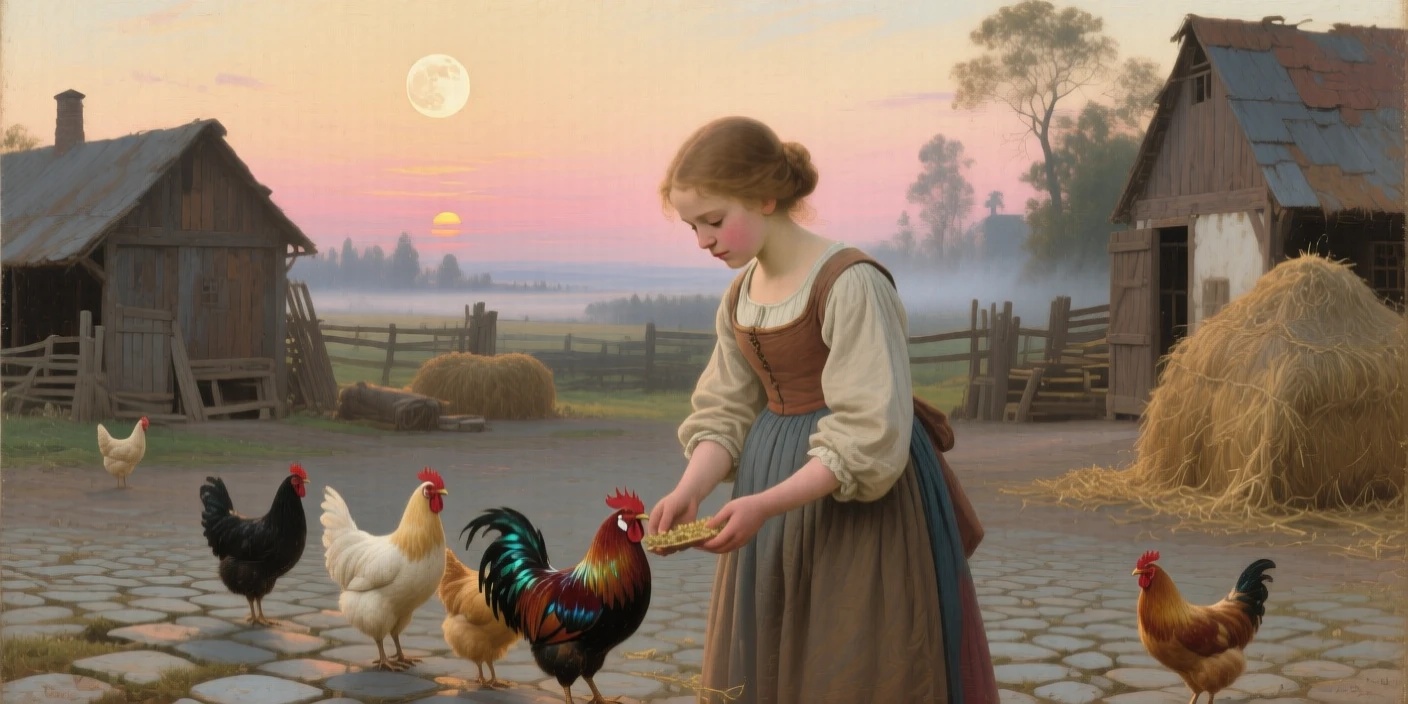 A well-framed scene of a young girl feeding chickens in a farmyard at sunrise, under a full moon, in the Renaissance period.