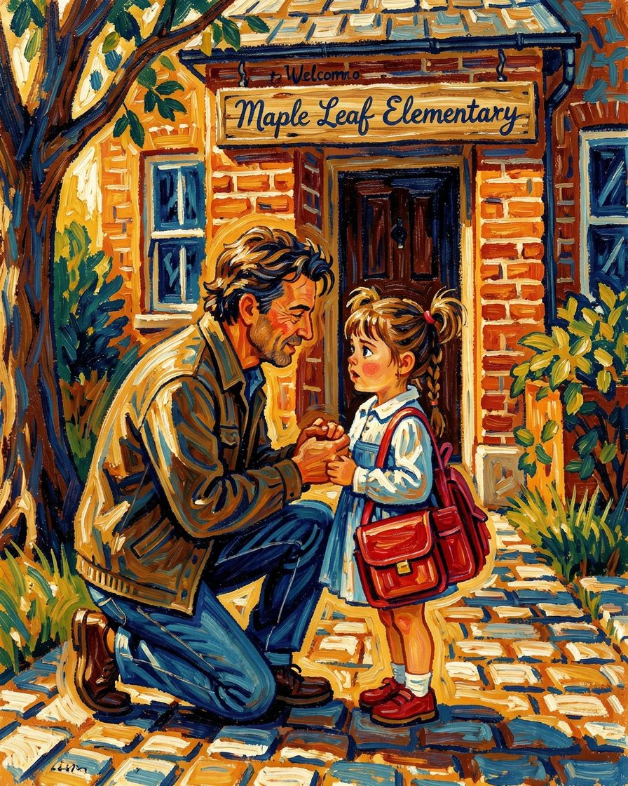 A father comforting his nervous daughter before her first day of school.