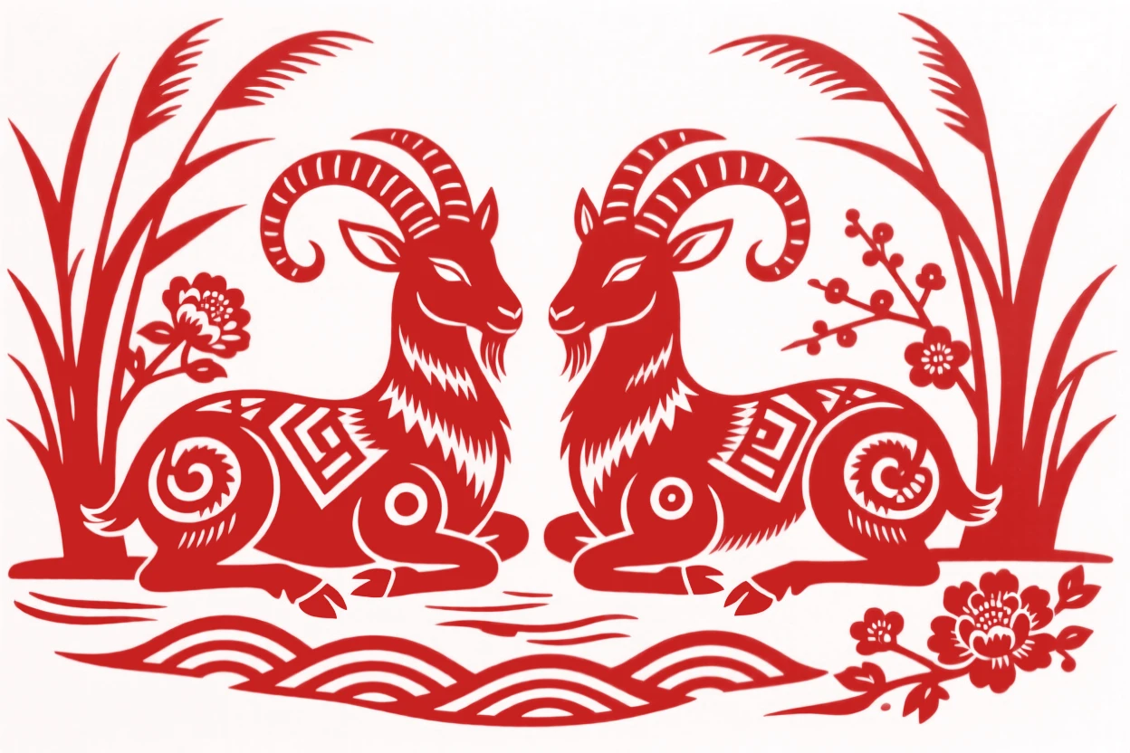 A mountain goat, resting among reeds at the water's edge, paired with a second companion nearby, echoing its every move.