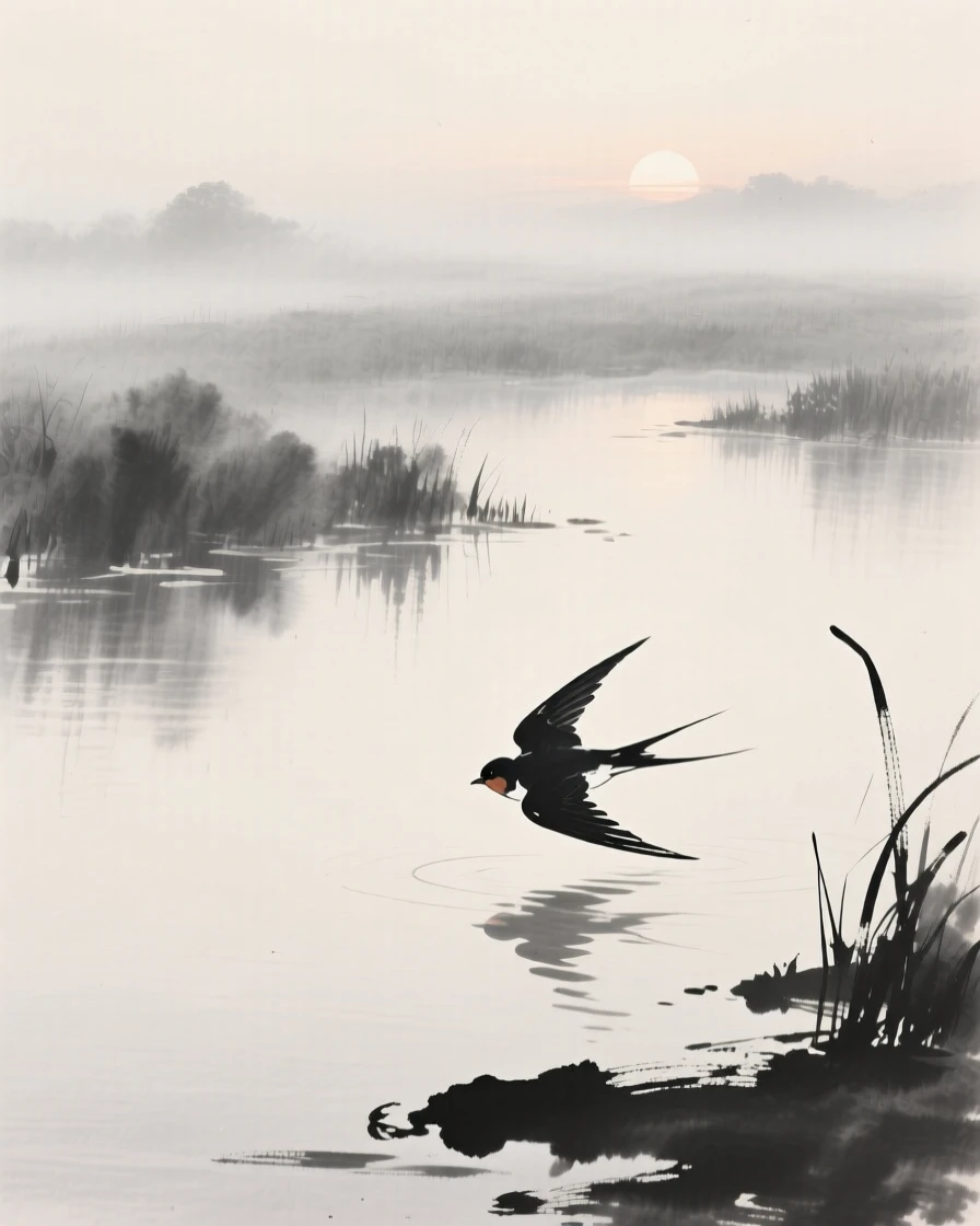 A swallow skimming the surface of a quiet pond above a misty wetland at dawn, positioned in one corner, leaving airy negative space, capturing a fleeting moment of natural beauty.