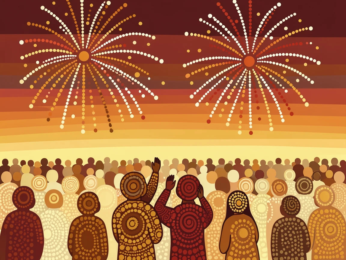 A family watching fireworks over a festival crowd at sunset