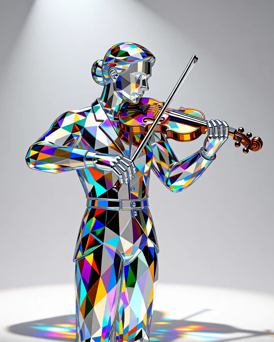 A violinist performing solo on an empty grand stage bathed in a single spotlight.