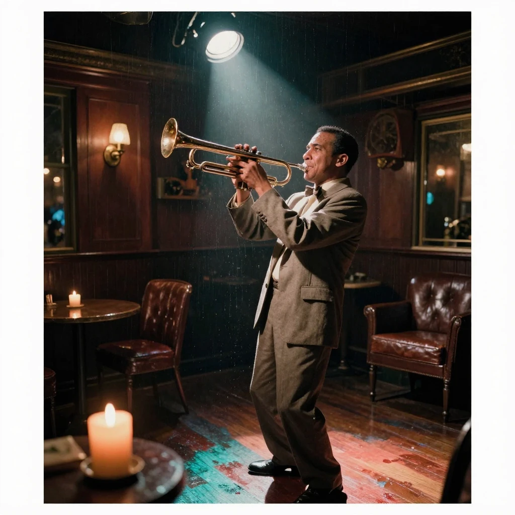 A jazz musician mid-note, trumpet raised beneath a spotlight, under flickering candlelight, just after a rain shower, with puddles reflecting the sky, in the height of summer, in vivid coral and turquoise hues, viewed from across the room.