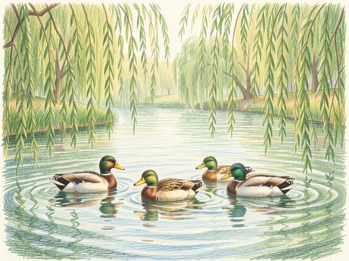 A family of ducks paddling across a pond lined with weeping willows, with soft, natural light bringing warmth to every detail, full of charm, emotion, and visual delight.