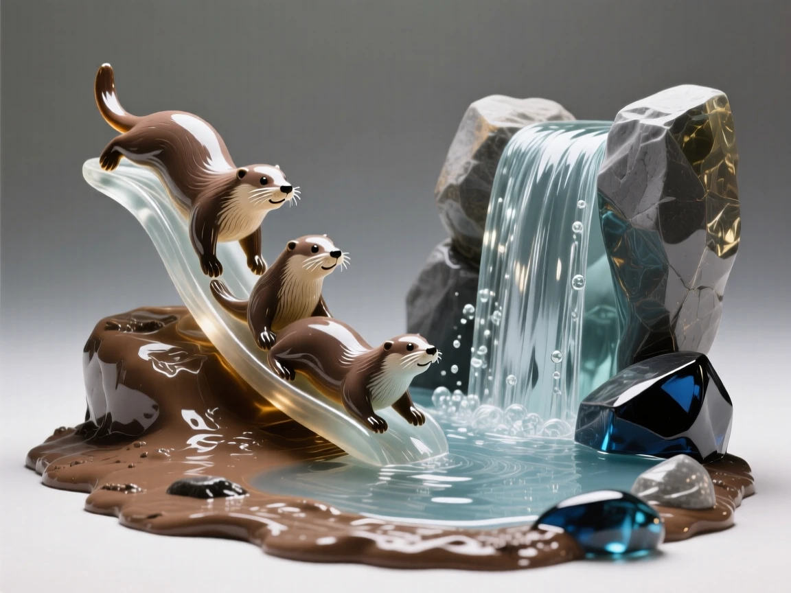 A family of otters sliding down a muddy riverbank beside a waterfall cascading into a rocky pool