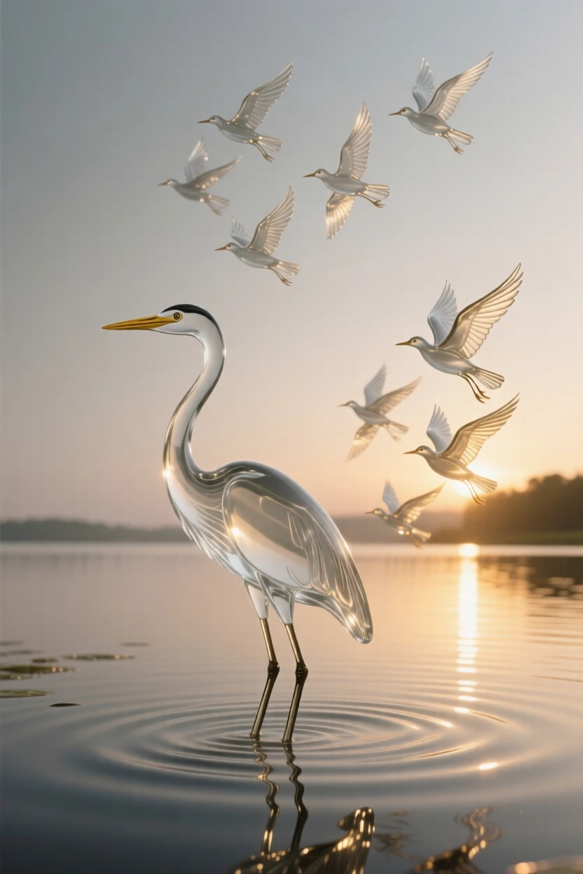 A heron standing motionless in a still lake at sunrise while migratory birds pass overhead in formation, while a flock of birds rises suddenly into flight