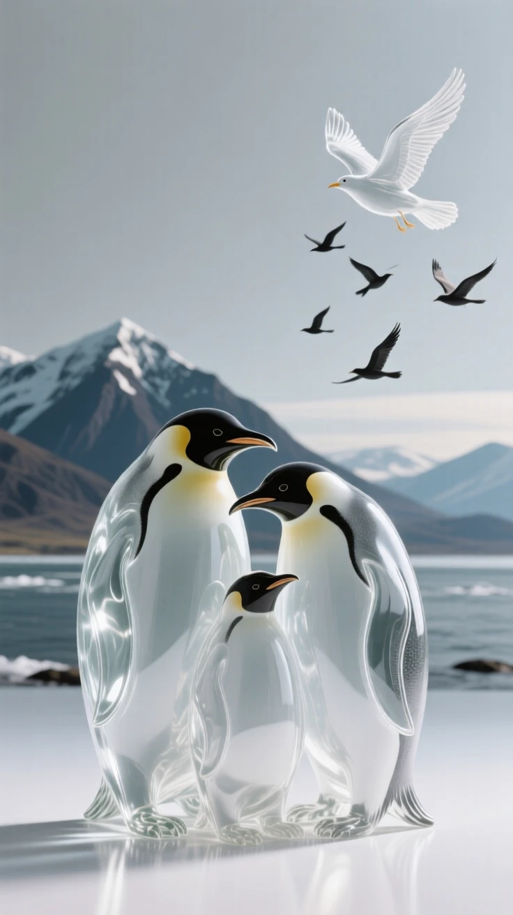 With distant mountains rising along the horizon, a family of penguins huddled together against the wind, while a flock of birds rises suddenly into flight